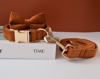 Orange Brown Velvet Personalized Bow Tie Dog Collar and Leash Set, Handmade Wedding Dog Collar with Custom Engraved Nameplate