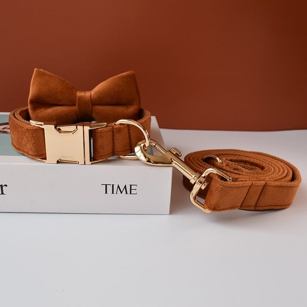 Orange Brown Velvet Personalized Bow Tie Dog Collar and Leash Set, Handmade Wedding Dog Collar with Custom Engraved Nameplate