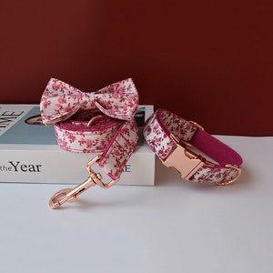Pink Floral Personalized Bow Tie Dog Collar and Leash Set, Handmade Wedding Dog Collar with Custom Engraved Nameplate