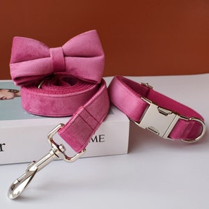 Hot Pink Velvet Personalized Bow Tie Dog Collar and Leash Set, Handmade Wedding Dog Collar with Custom Engraved Nameplate