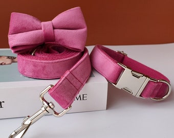 Hot Pink Velvet Personalized Bow Tie Dog Collar and Leash Set, Handmade Wedding Dog Collar with Custom Engraved Nameplate