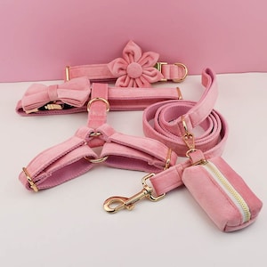 Pink Dog Harness and Leash Set, Teal Personalize Step In Puppy Harness, Collar, Bowtie, Poo Bag Holder, Luxury Wedding Harness
