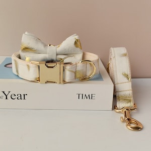 Minimalist Golden Leaf in White Personalized Bow Tie Dog Collar and Leash Set, Handmade Wedding Dog Collar with Custom Engraved Nameplate