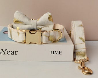 Golden Leaf Dog Collar and Leash Set: Personalized Wedding Pet Collar