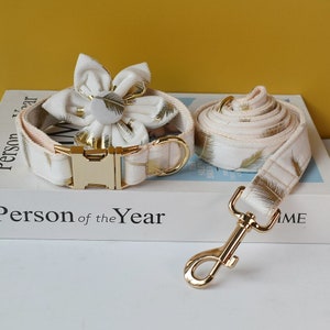 Minimalist Golden Leaf Velvet Personalized Dog Collar and Leash Set with Detachable Flower, Handmade Wedding Dog Bow Tie Collar,