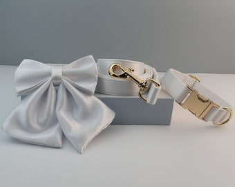 Personalisiertes Hundehalsband und Leine Set mit Sailor Fliege, weißes handgefertigtes Hochzeitshundehalsband mit individuell graviertem Namensschild