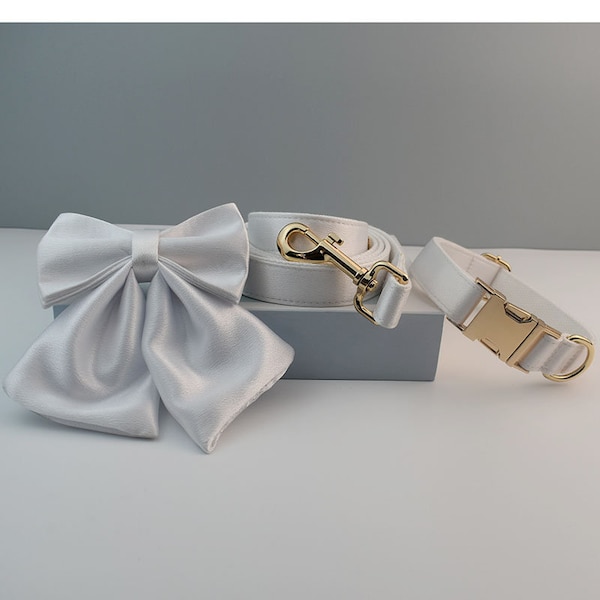 Personalisiertes Hundehalsband und Leine Set mit Sailor Fliege, weißes handgefertigtes Hochzeitshundehalsband mit individuell graviertem Namensschild