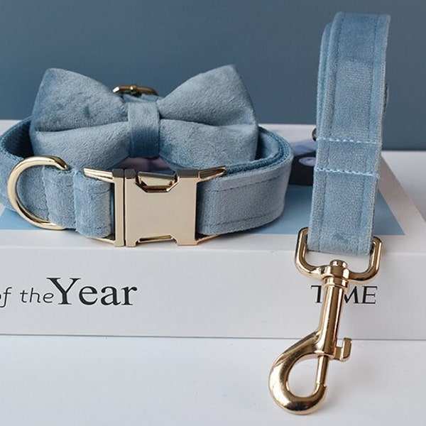 Dusty Blue Velvet Personalized Bow Tie Dog Collar and Leash Set, Handmade Wedding Dog Collar with Custom Engraved Nameplate