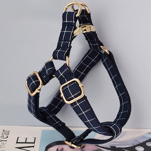 Personalized dog harness and leash - Dark Blue Plaid