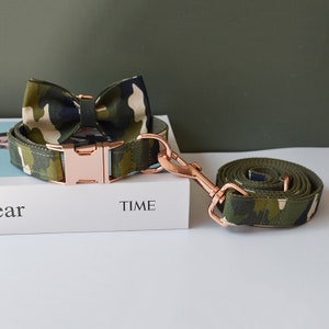 Army Green Camouflage Personalized Bow Tie Dog Collar and Leash Set, Handmade Wedding Dog Collar with Custom Engraved Nameplate