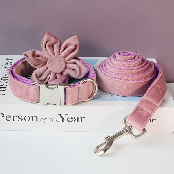 Dusty Pink Velvet Personalized Dog Collar and Leash Set with Detachable Flower, Handmade Wedding Dog Bow Tie Collar, Dog Collar Flower