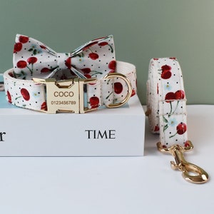Cherry Pattern Personalized Bow Tie Dog Collar and Leash Set, Handmade Wedding Dog Collar with Custom Engraved Nameplate