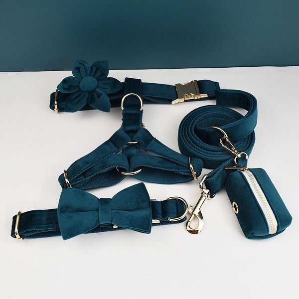 Peacock Green Dog Harness and Leash Set, Teal Personalize Step In Puppy Harness, Collar, Bowtie, Poo Bag Holder, Luxury Wedding Harness