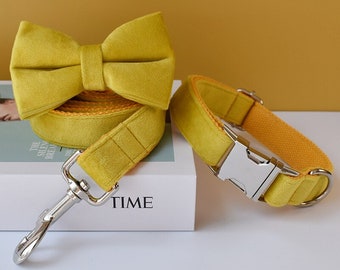 Yellow Velvet Personalized Bow Tie Dog Collar and Leash Set, Handmade Wedding Dog Collar with Custom Engraved Nameplate