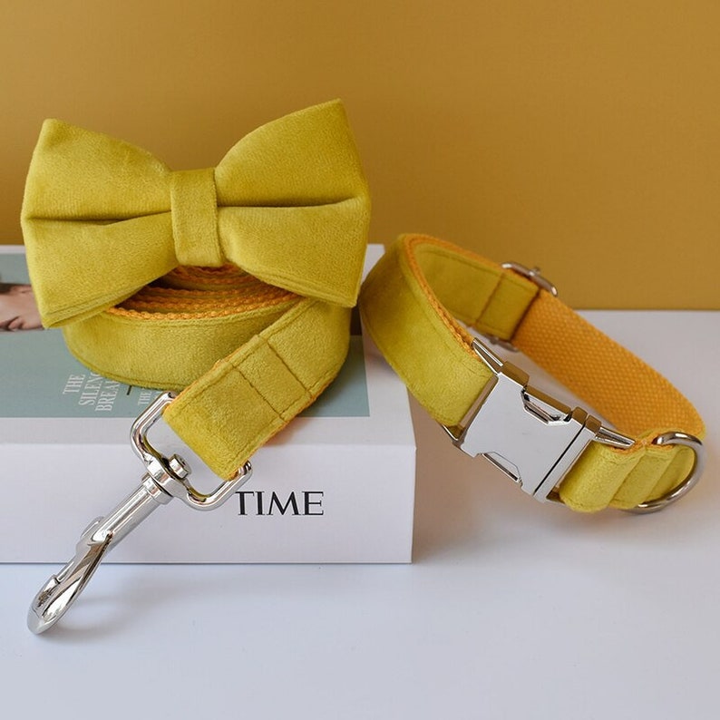 Yellow Velvet Personalized Bow Tie Dog Collar and Leash Set, Handmade Wedding Dog Collar with Custom Engraved Nameplate image 1