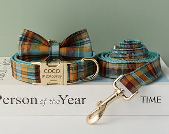 Green and Orange Plaid Personalized Bow Tie Dog Collar and Leash Set, Handmade Wedding Dog Collar with Custom Engraved Nameplate