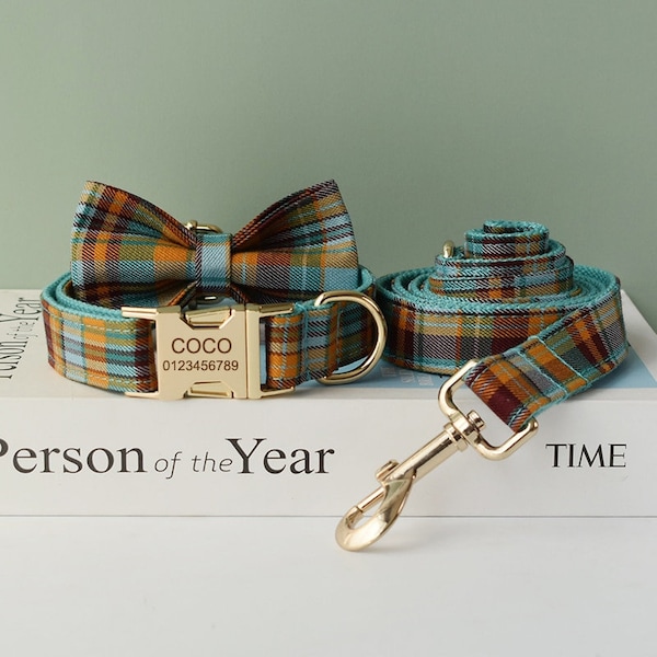 Green and Orange Plaid Personalized Bow Tie Dog Collar and Leash Set, Handmade Wedding Dog Collar with Custom Engraved Nameplate