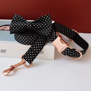 Black Polka Dot Personalized Bow Tie Dog Collar and Leash Set, Handmade Wedding Dog Collar with Custom Engraved Nameplate