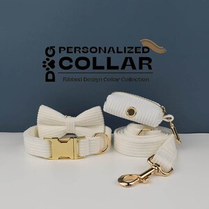White Corduroy Ribbed Design Personalized Bow Tie Dog Collar and Leash Set, Handmade Wedding Dog Collar with Custom Engraved Nameplate