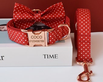 Red and White Dot Personalized Bow Tie Dog Collar and Leash Set, Collier pour chien de mariage fait à la main avec plaque signalétique gravée sur mesure