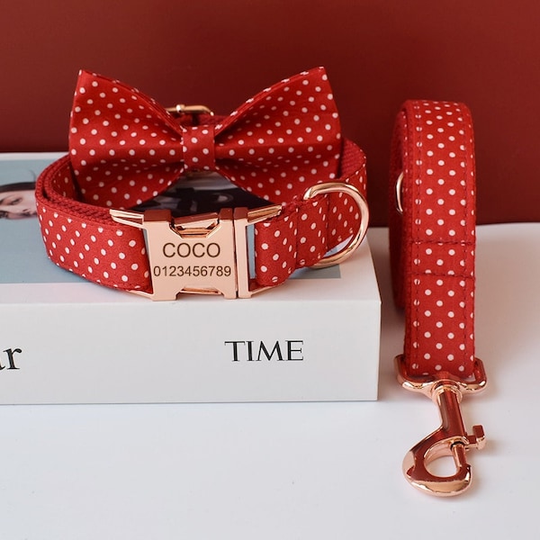 Red and White Dot Personalized Bow Tie Dog Collar and Leash Set, Collier pour chien de mariage fait à la main avec plaque signalétique gravée sur mesure