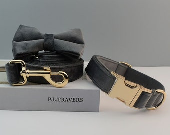 Dark Gray Velvet Personalized Bow Tie Dog Collar and Leash Set, Handmade Wedding Dog Collar with Custom Engraved Nameplate