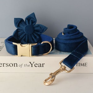 Dark Blue Velvet Personalized Dog Collar and Leash Set with Detachable Flower, Handmade Wedding Dog Bow Tie Collar, Dog Collar Flower