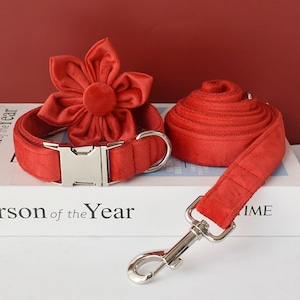 Red Velvet Personalized Dog Collar and Leash Set with Detachable Flower, Handmade Wedding Dog Bow Tie Collar, Dog Collar Flower