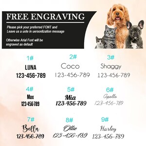 May include: A graphic with nine different dog names and phone numbers. The names are Luna, Coco, Shaggy, Max, Mia, Apollo, Bella, Ollie, and Harley. The phone number is 123-456-789 for each name. The graphic is on a peach background with a black and white border. The graphic is for free engraving.