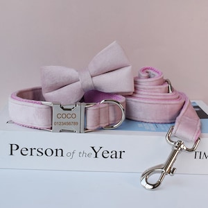 Pale Pink Velvet Personalized Bow Tie Dog Collar and Leash Set, Handmade Wedding Dog Collar with Custom Engraved Nameplate