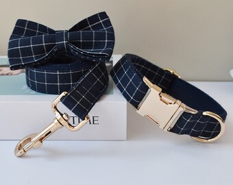 Conjunto de collar y correa para perro a cuadros vichy azul oscuro: Collar con pajarita grabada personalizada