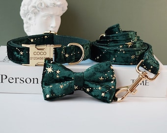 Green Starry Velvet Personalized Bow Tie Dog Collar and Leash Set, Handmade Wedding Dog Collar with Custom Engraved Nameplate