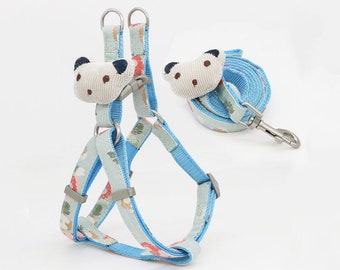 Dog Harness and Leash Set With Teddy Accessory - Blue Flower