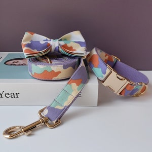 Colorful Camouflage Personalized Bow Tie Dog Collar and Leash Set, Handmade Wedding Dog Collar with Custom Engraved Nameplate