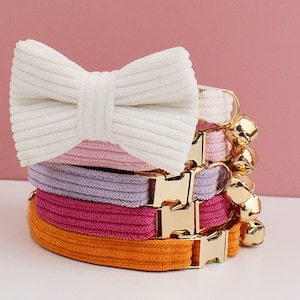 Cat Collar and Small Dog Collar with Bow tie, Bell, Personalized Name Plate, Pink and Red Corduroy Custom Engraved Collars for Kitten