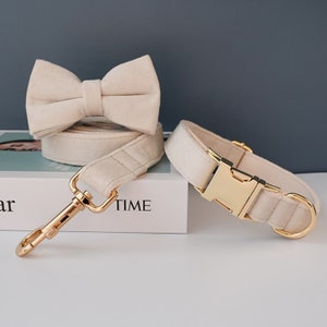 White Velvet Personalized Bow Tie Dog Collar and Leash Set, Creamy Handmade Wedding Dog Collar with Custom Engraved Nameplate