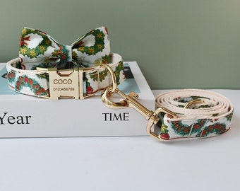 Christmas Wreath Print Personalized Bow Tie Dog Collar and Leash Set, Handmade Wedding Dog Collar with Custom Engraved Nameplate