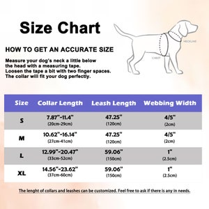 May include: Size chart for dog collars and leashes. The chart shows the collar length, leash length, and webbing width in inches and centimeters for sizes S, M, L, and XL.