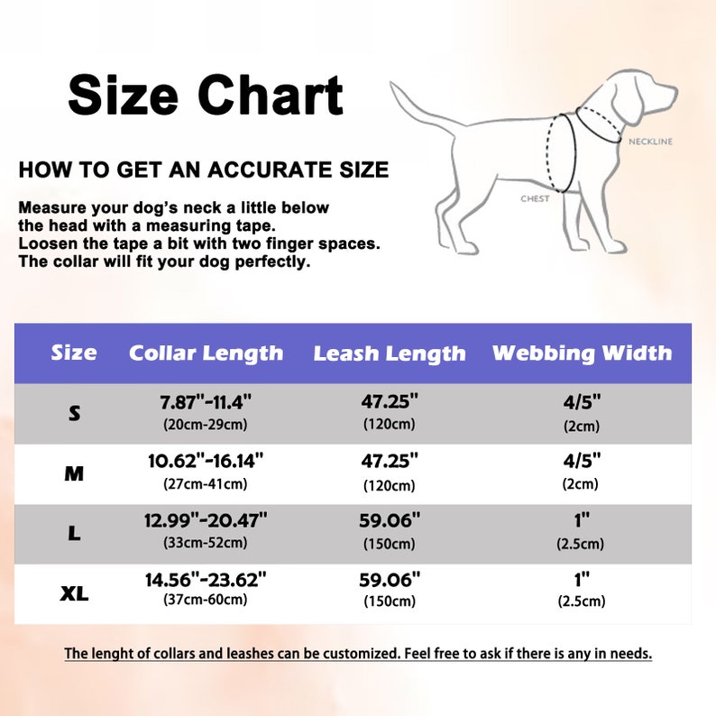 May include: Size chart for dog collars and leashes. The chart shows the collar length, leash length, and webbing width in inches and centimeters for sizes S, M, L, and XL.