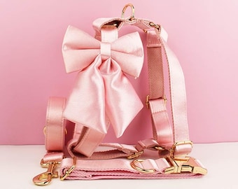 Pink Dog Harness and Leash Set: Sailor Bow Tie, Personalized Puppy Harness