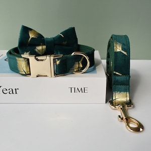 Golden leaf Green Velvet Personalized Bow Tie Dog Collar and Leash Set, Handmade Wedding Dog Collar with Custom Engraved Nameplate