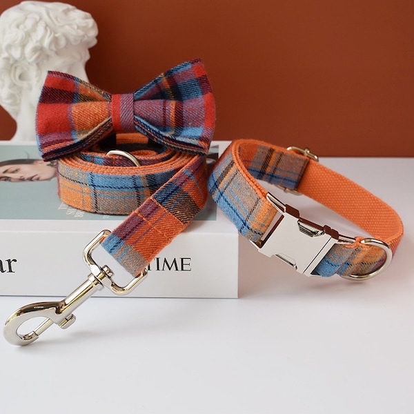 Autumn Plaid Personalized Bow Tie Dog Collar and Leash Set, Orange Handmade Wedding Dog Collar with Custom Engraved Nameplate