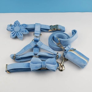 Baby Blue Velvet Dog Harness and Leash Set, Personalize Step In Puppy Harness, Collar, Bowtie, Poo Bag Holder, Luxury Wedding Harness Set