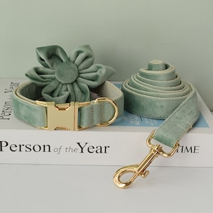 Sage Green Velvet Personalized Dog Collar and Leash Set with Detachable Flower, Handmade Wedding Dog Bow Tie Collar, Dog Collar Flower
