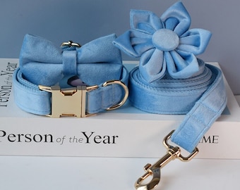 Personalized Baby Blue Velvet Dog Collar and Leash Set with Flower