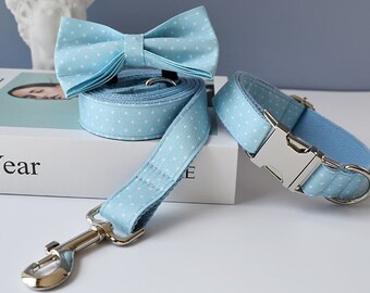 Blue Dot Dog Collar and Leash Set: Personalized Bow Tie, Handmade