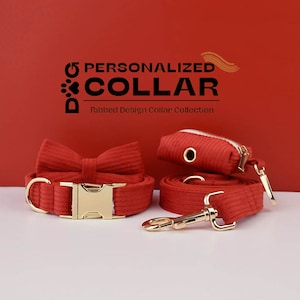 Red Corduroy Ribbed Design Personalized Bow Tie Dog Collar and Leash Set, Handmade Wedding Dog Collar with Custom Engraved Nameplate