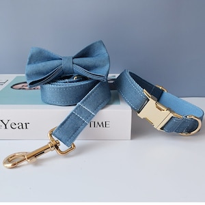 Blue Denim Personalized Bow Tie Dog Collar and Leash Set, Handmade Wedding Dog Collar with Custom Engraved Nameplate