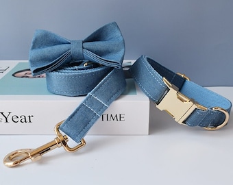 Denim Dog Collar and Leash Set: Personalized Bow Tie, Engraved Buckle