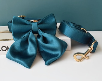 Personalized Teal Dog Collar and Leash Set: Green Sailor Bow Tie, Engraved Nameplate